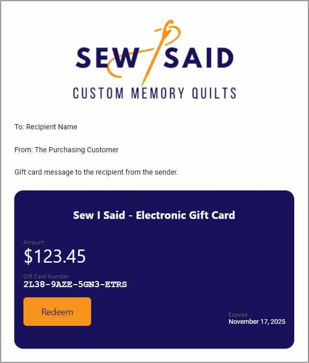SewISaid-Electronic-Gift-Card-Sample-Email-For-Custom-Memory-TShirt-Quilt-Purchase